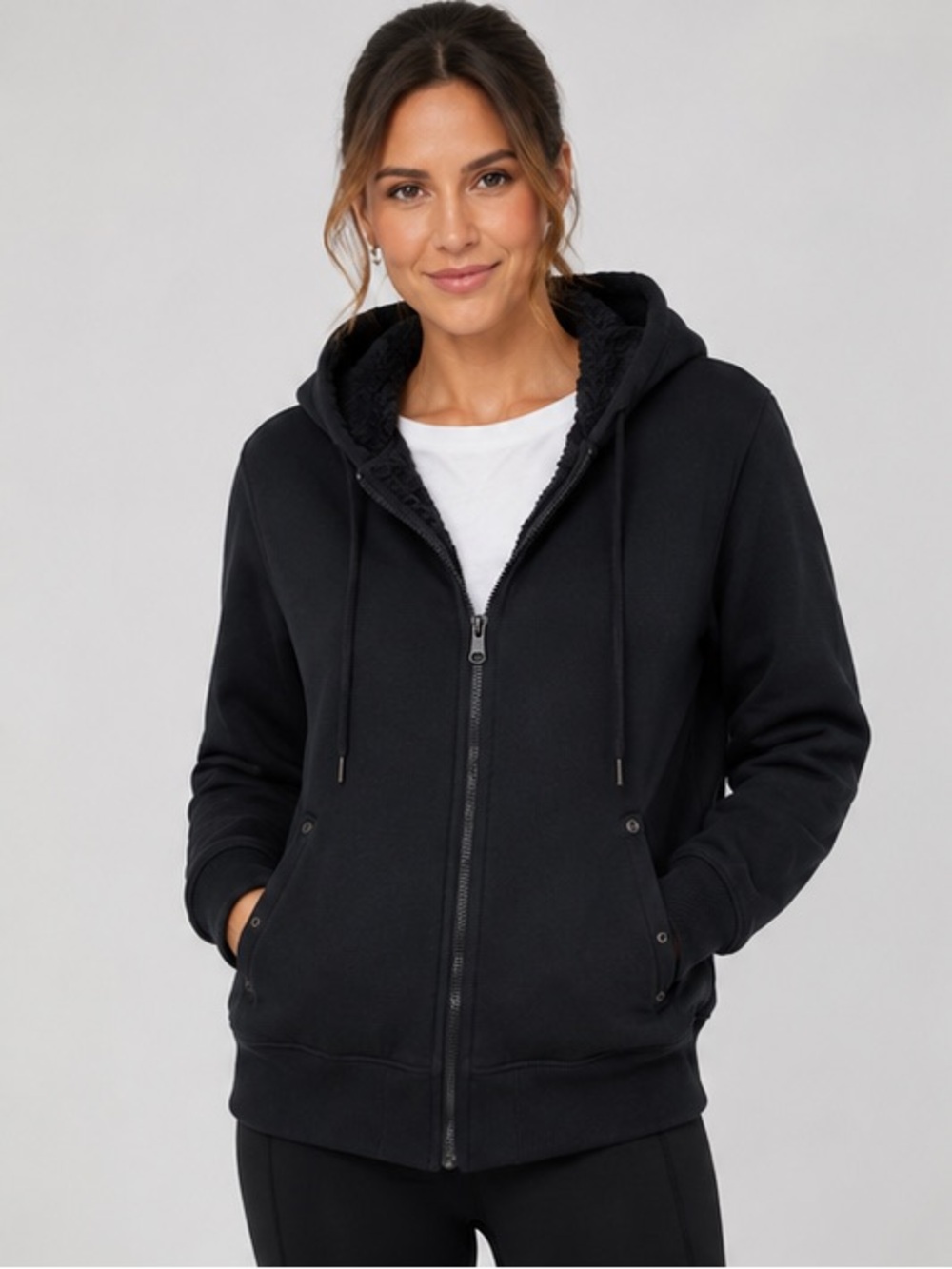 Green Tea Women’s Black Sherpa Lined Full Zip Hoodie Jacket Size Medium